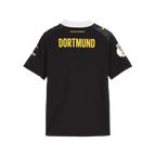 The BVB 26-27 away jersey for kids in a black-and-yellow design with "DORTMUND" lettering on the back, perfect for young fans.