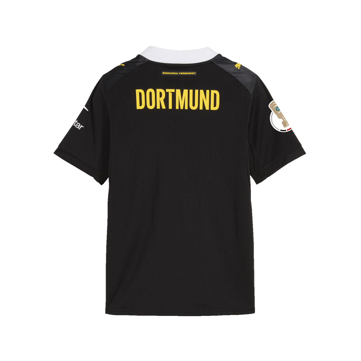 The BVB 26-27 away jersey for kids in a black-and-yellow design with "DORTMUND" lettering on the back, perfect for young fans.
