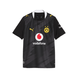 La camiseta de visitante del BVB para niños de la temporada 2026/2027, en colores negro y amarillo, con el escudo del BVB, el logotipo del patrocinador Vodafone y el logotipo de PUMA en la parte delantera.