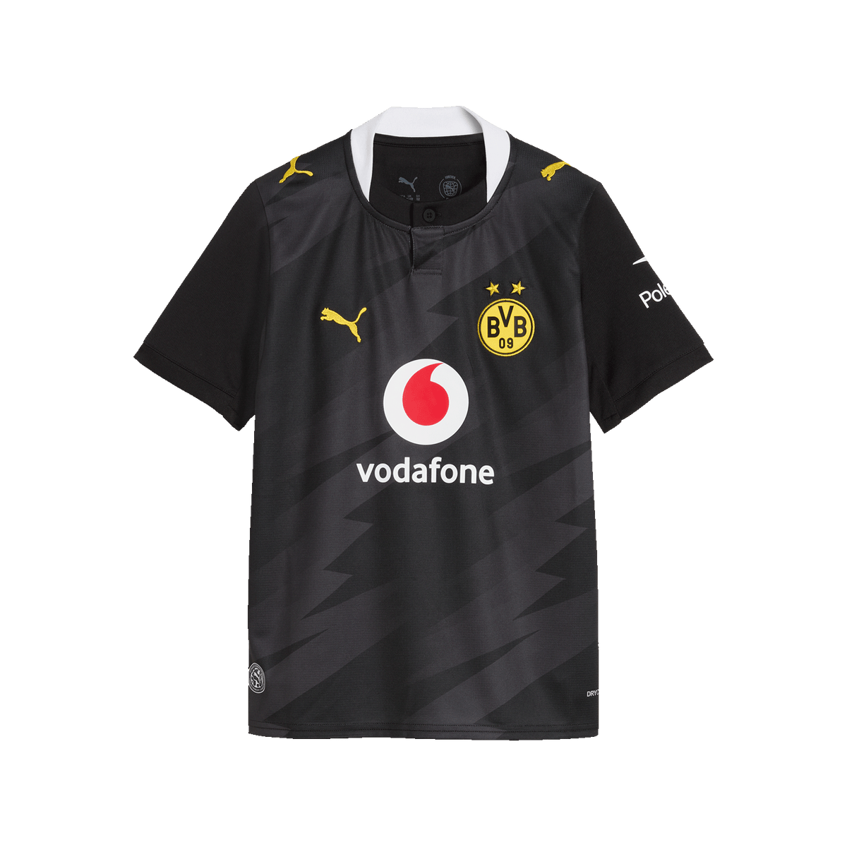 The BVB away jersey for kids for the 2026/2027 season in black and yellow, featuring the BVB emblem, the Vodafone sponsor logo, and the PUMA logo on the front.