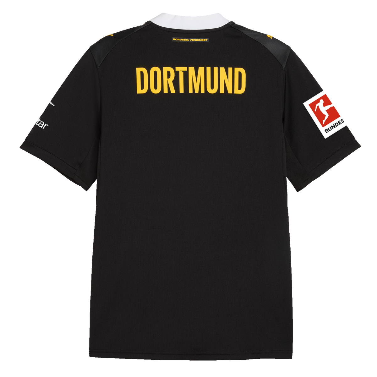 La camiseta de visitante del BVB de la temporada 2026/27, en negro y amarillo, vista desde atrás, con la inscripción «DORTMUND», el logotipo de la Bundesliga y los logotipos de los patrocinadores, ideal para los aficionados del club.