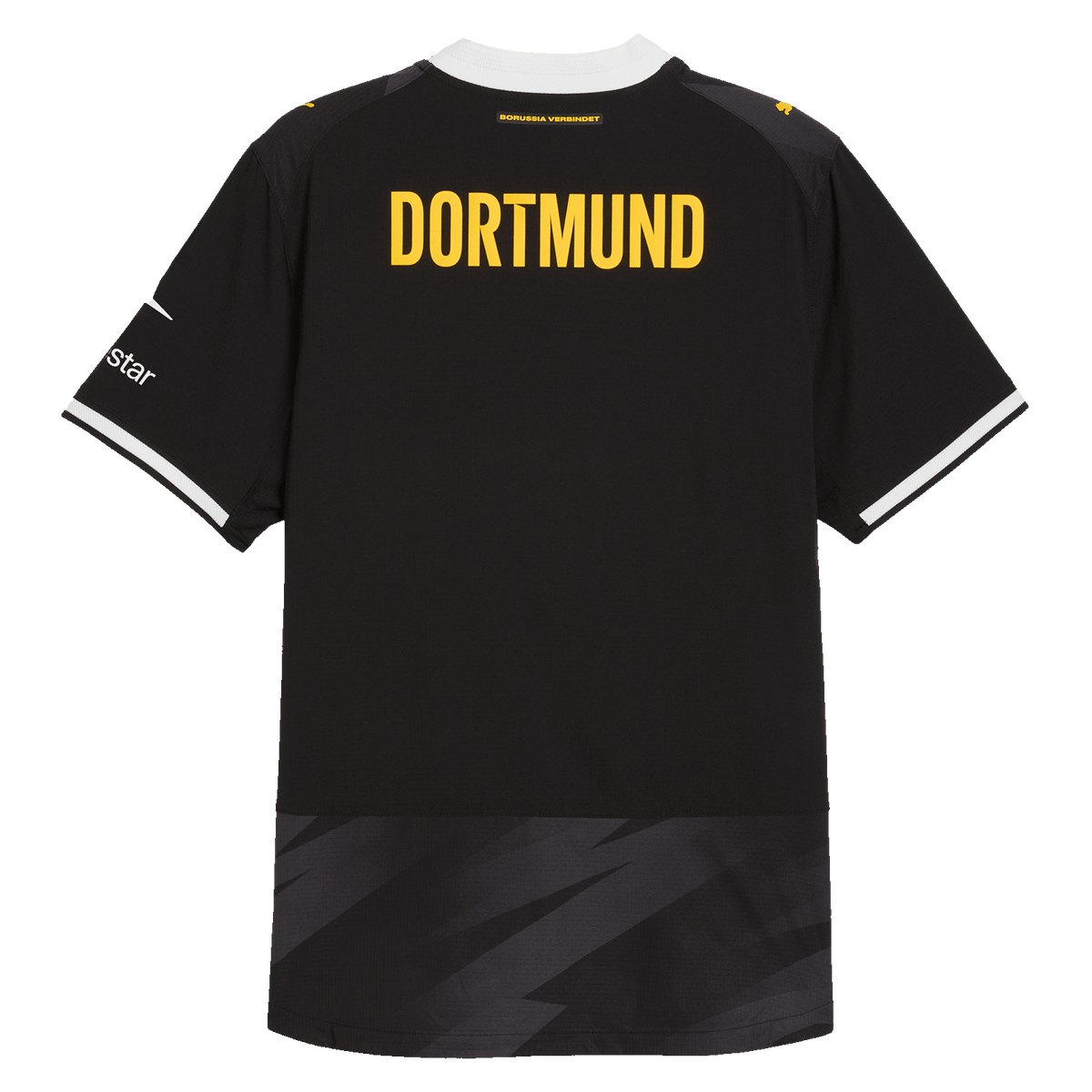 Schwarzgelbes BVB-Auswärtstrikot 2026/27 von PUMA in Rückansicht, mit gelbem DORTMUND-Schriftzug und Polestar-Logo.