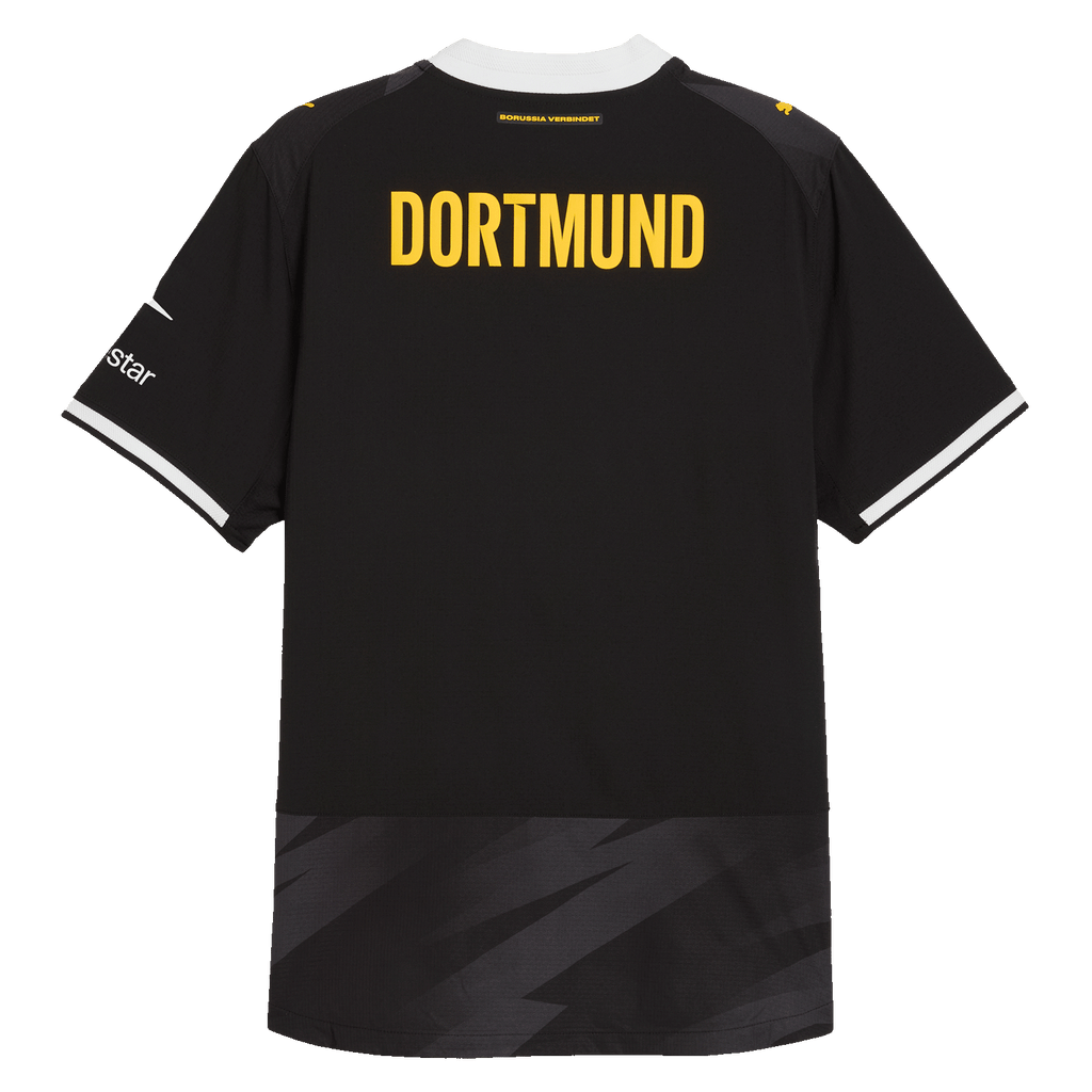 Schwarzgelbes BVB-Auswärtstrikot 2026/27 von PUMA in Rückansicht, mit gelbem DORTMUND-Schriftzug und Polestar-Logo.