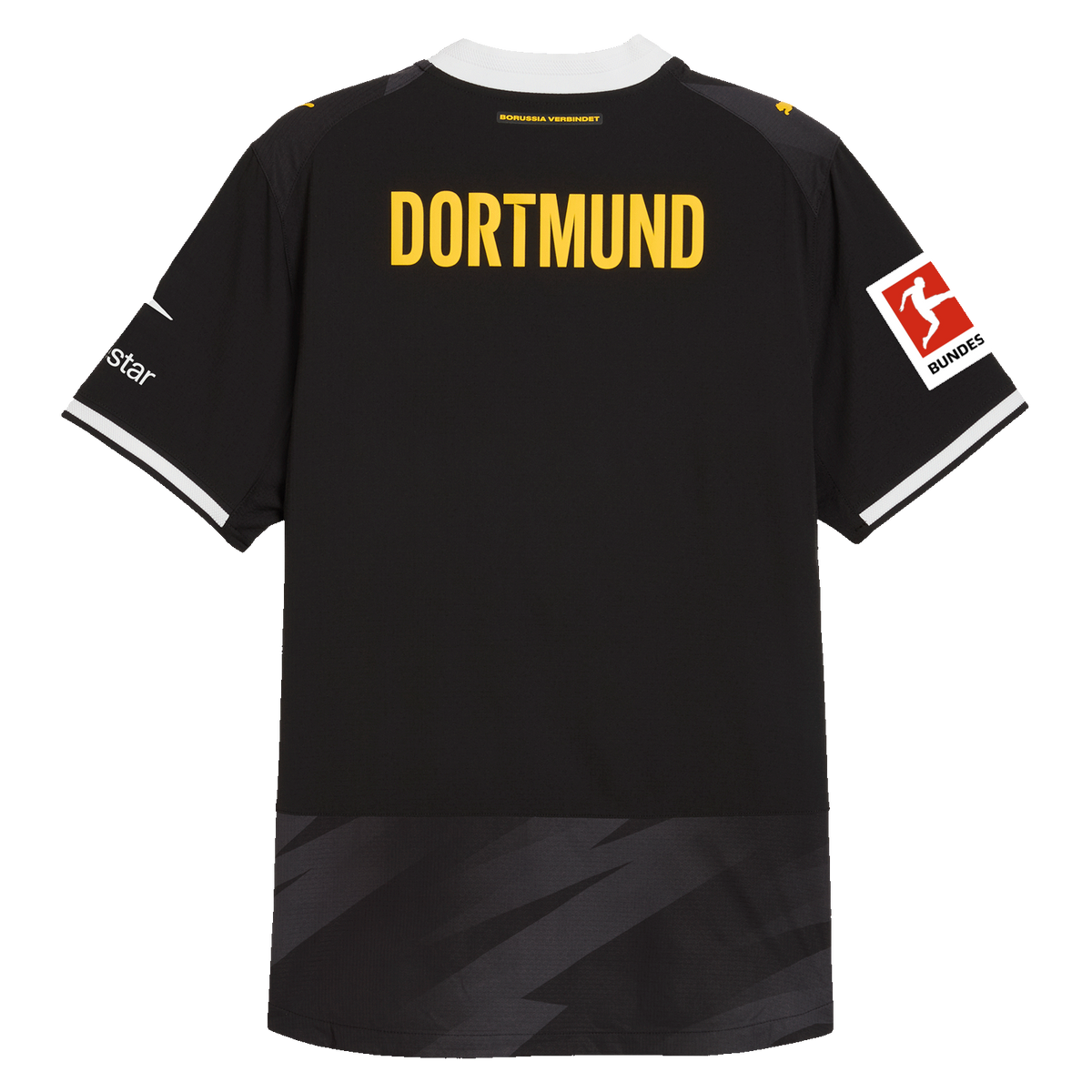 Rückansicht des schwarzgelben BVB-Auswärtstrikots 26-27 mit DORTMUND-Schriftzug am Rücken, PUMA-Logo und Bundesliga-Logo auf dem Ärmel.