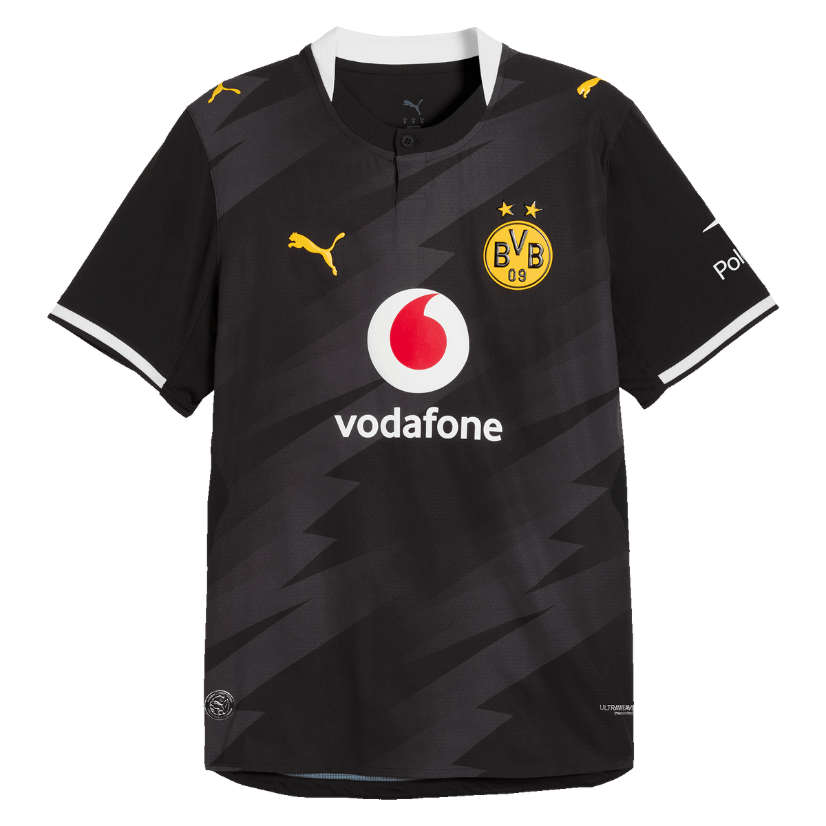 Das BVB Auswärtstrikot Authentic für die Saison 26-27 in schwarz mit gelben Details, BVB- und PUMA-Logos sowie Vodafone- und Polestar-Branding.
