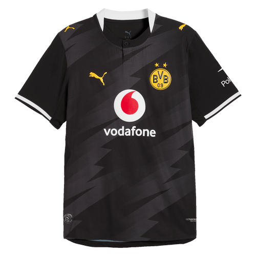 Das BVB Auswärtstrikot Authentic für die Saison 26-27 in schwarz mit gelben Details, BVB- und PUMA-Logos sowie Vodafone- und Polestar-Branding.