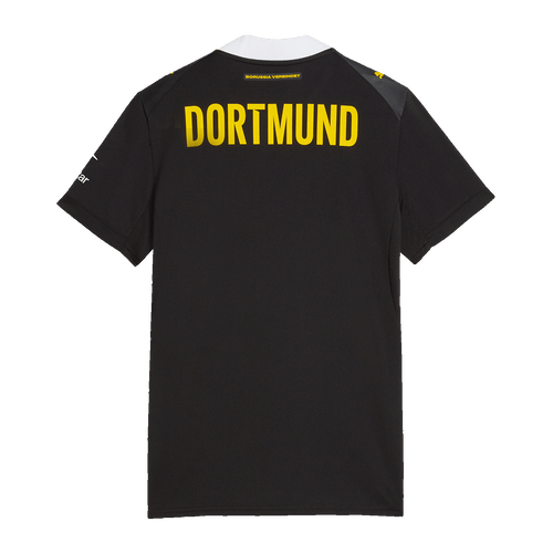 Schwarzes BVB-Auswärtstrikot 2026/27 für Frauen, Rückansicht mit gelber Dortmund-Aufschrift, ideal für Fans von Borussia Dortmund.