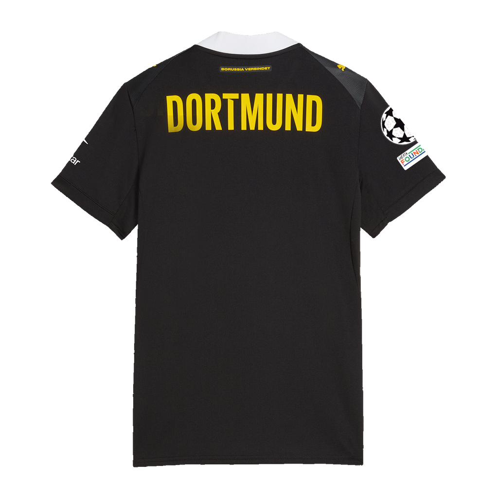 多特蒙德（BVB）26-27赛季黑色女款客场球衣，背面印有黄色“DORTMUND”字样，是多特蒙德球迷和足球爱好者的理想之选。