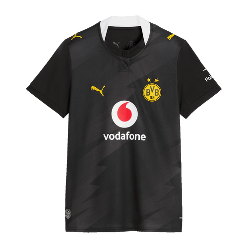 BVB-Auswärtstrikot 26-27 für Frauen in schwarzgelb mit BVB-Logo, PUMA-Emblem und Vodafone-Schriftzug auf der Vorderseite.