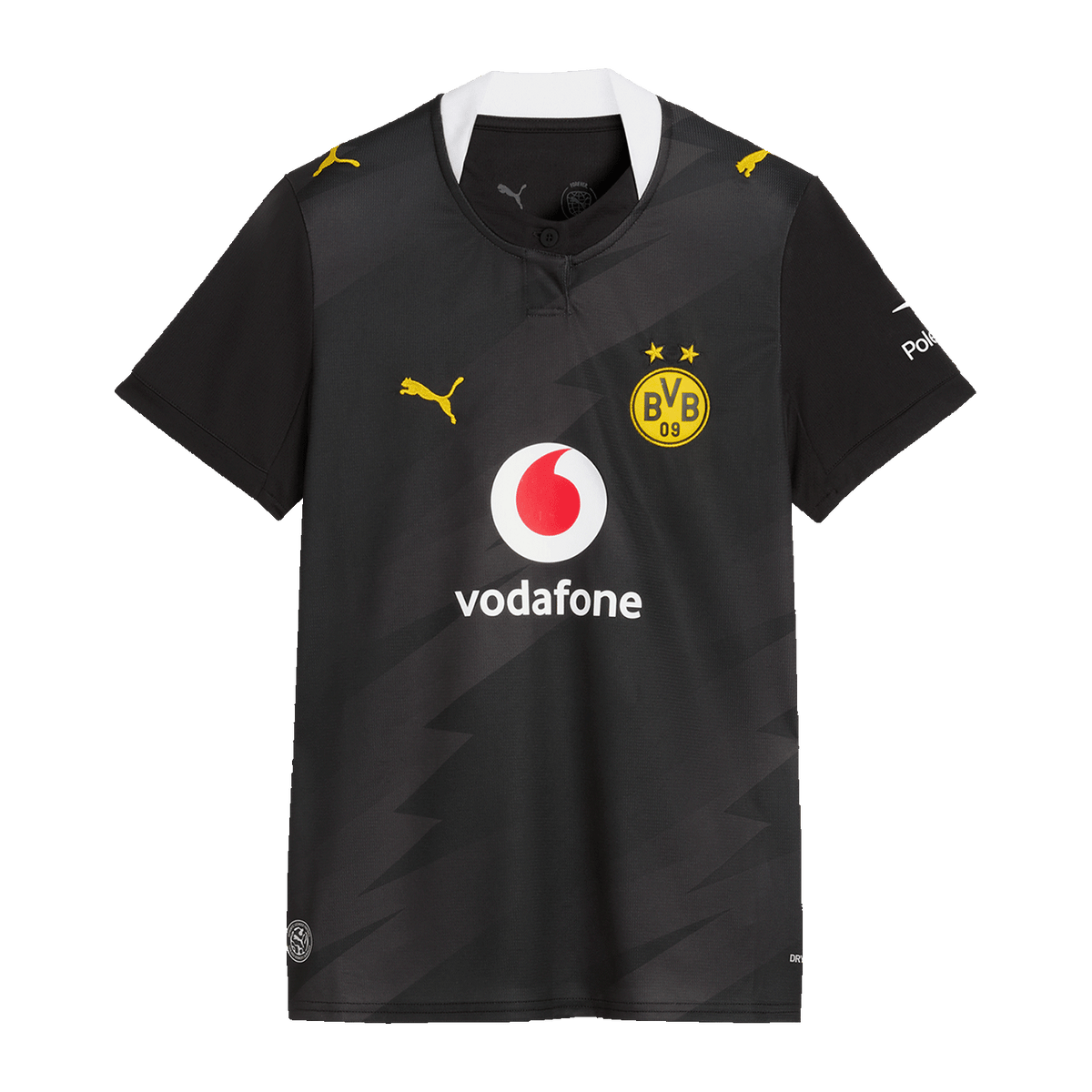 BVB-Auswärtstrikot 26-27 für Frauen in schwarzgelb mit BVB-Logo, PUMA-Emblem und Vodafone-Schriftzug auf der Vorderseite.