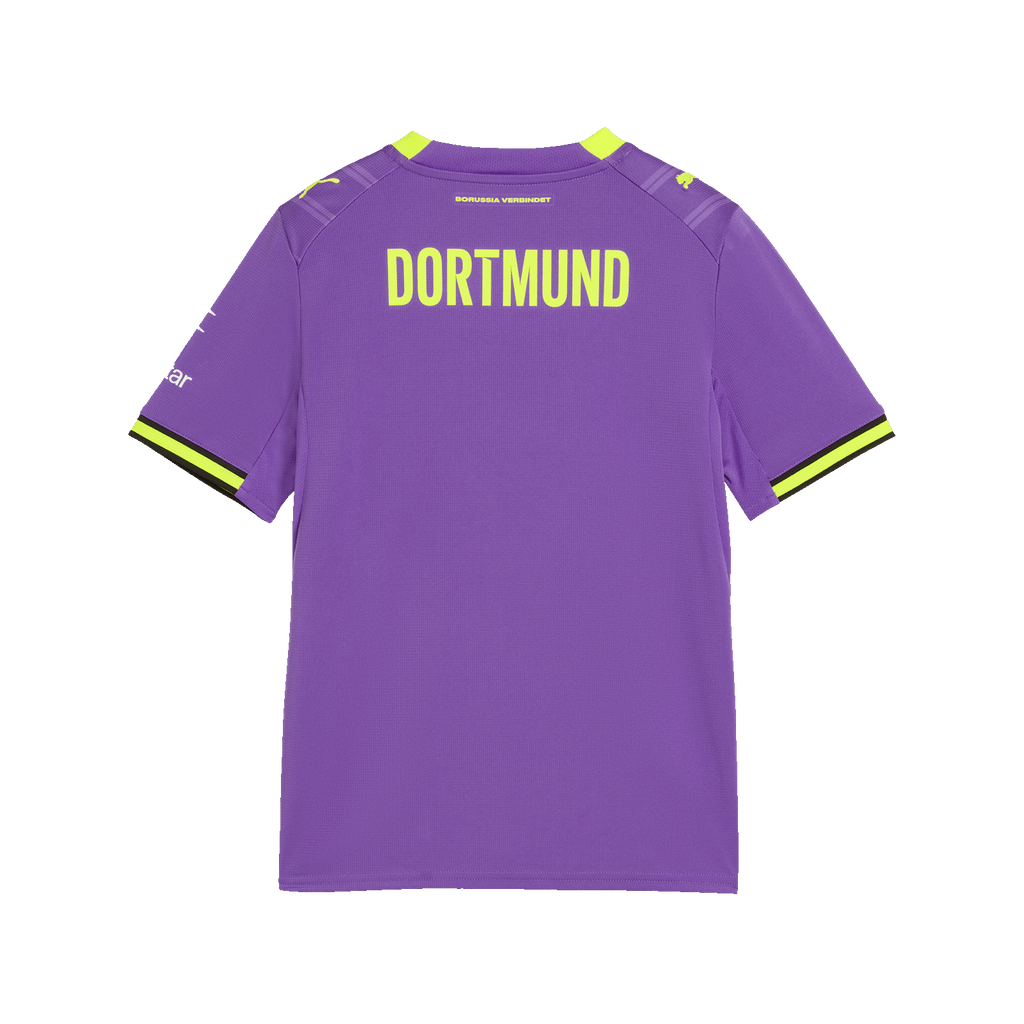 Le maillot alternatif violet du BVB 2026/27 pour enfants, vu de dos, avec l'inscription « Dortmund » en jaune et des touches de jaune sur les manches.