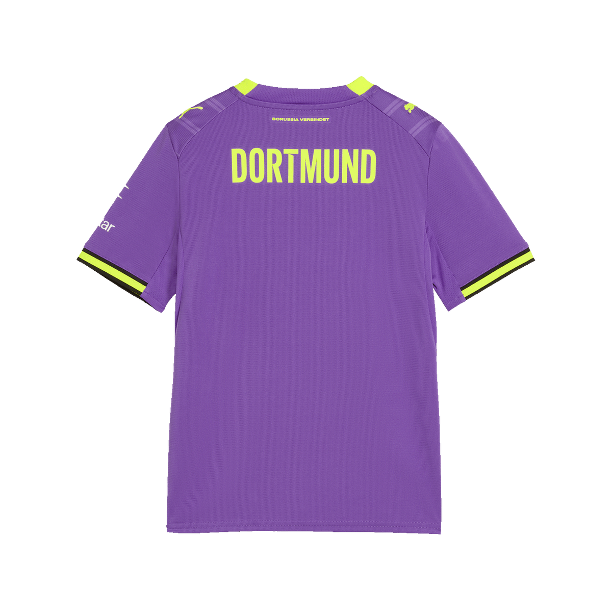Das lila BVB-Ausweichtrikot 2026/27 für Kinder in der Rückansicht, mit gelbem Schriftzug 'Dortmund' und gelben Akzenten an den Ärmeln.