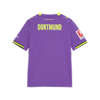 Maillot alternatif violet du BVB pour enfants de la saison 2026/27, avec des touches de jaune, vue de dos, logo PUMA et logo de la Bundesliga.