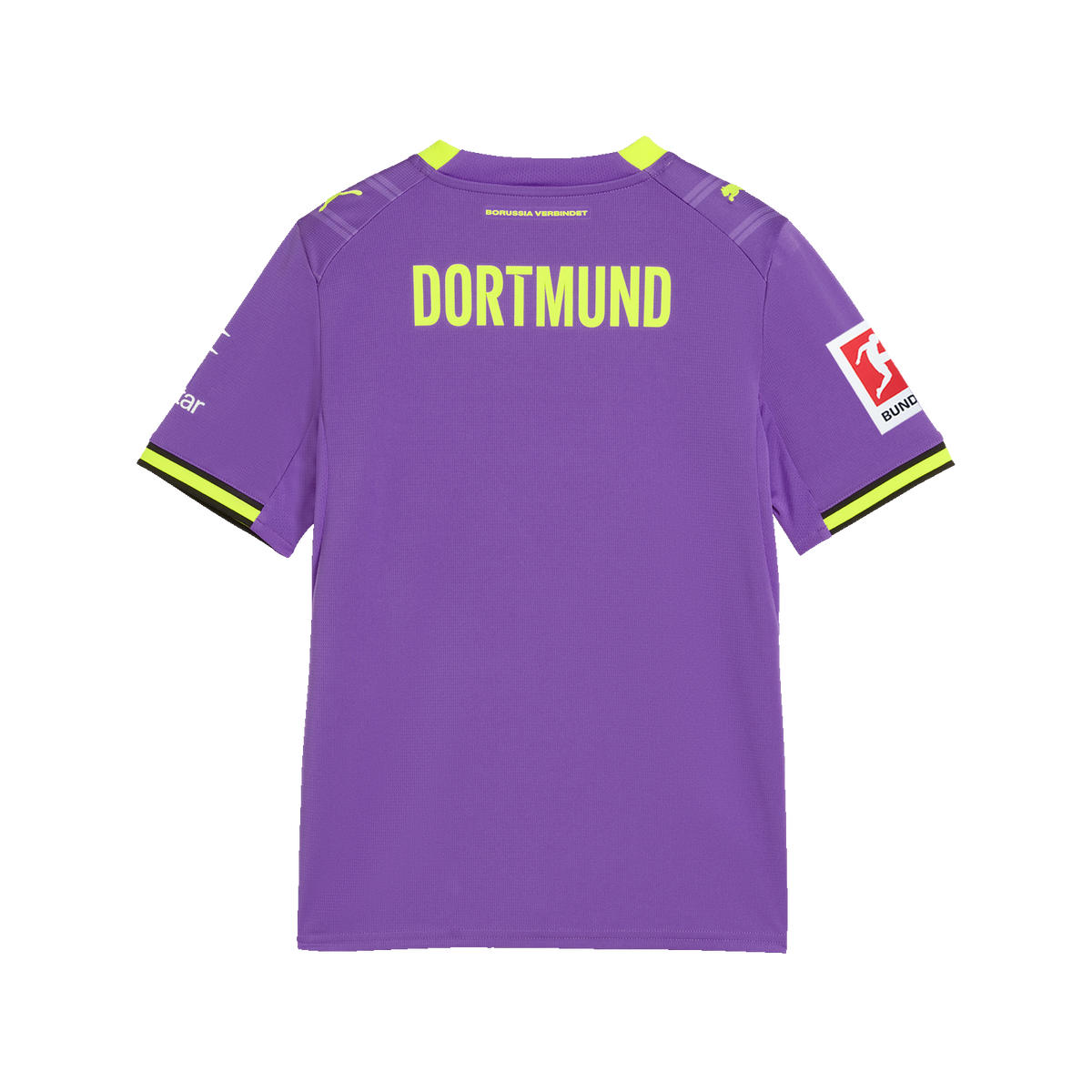 Lila BVB-Ausweichtrikot für Kinder der Saison 2026/27 mit gelben Akzenten, Rückansicht, PUMA-Logo und Bundesliga-Logo.