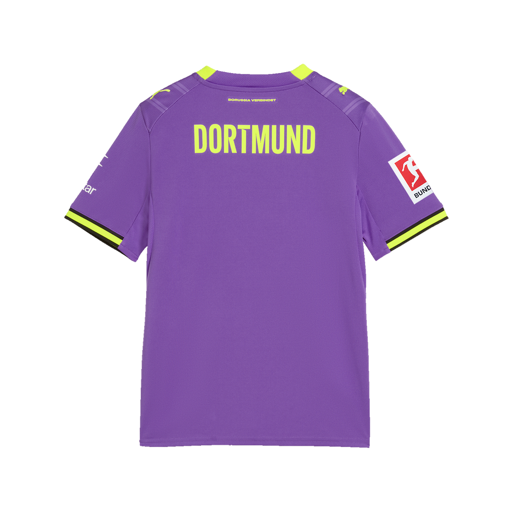 Lila BVB-Ausweichtrikot für Kinder der Saison 2026/27 mit gelben Akzenten, Rückansicht, PUMA-Logo und Bundesliga-Logo.