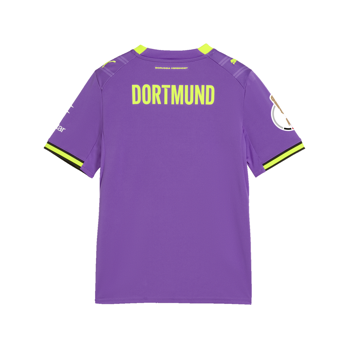 Das lila BVB-Ausweichtrikot der Saison 2026/27 für Kinder in Rückansicht mit gelbem DORTMUND-Schriftzug, gelben Akzenten und PUMA-Logo.