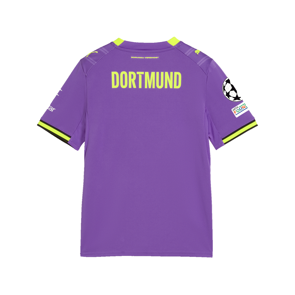 Rückansicht des lila BVB Ausweichtrikots 26-27 für Kinder mit DORTMUND-Schriftzug, UEFA Champions League Patch und PUMA-Logo.