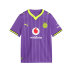 Le maillot alternatif violet du BVB 2026/27 pour enfants, avec des touches de jaune fluo et les logos apparents de PUMA, Vodafone, Polestar et l'emblème du BVB.