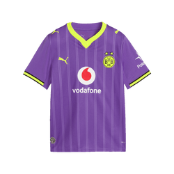 The 2026/27 purple BVB alternate jersey for kids, featuring neon yellow accents and visible logos from PUMA, Vodafone, Polestar, and the BVB emblem.