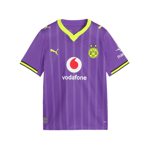 Das lila BVB-Ausweichtrikot 2026/27 für Kinder mit neongelben Akzenten und sichtbaren Logos von PUMA, Vodafone, Polestar und dem BVB-Emblem.