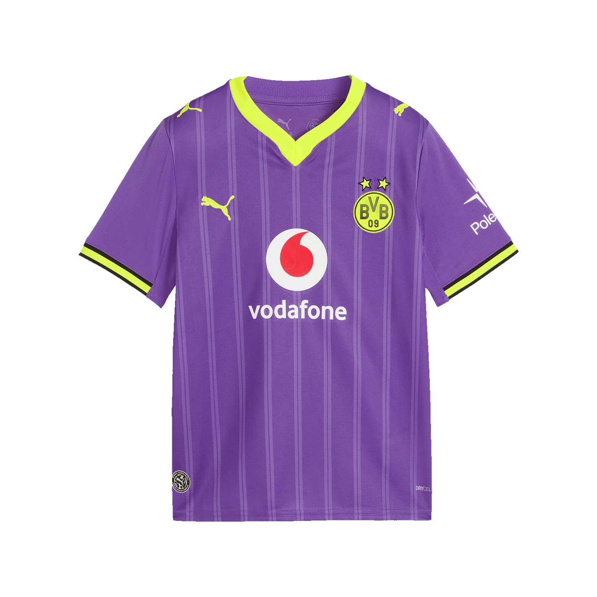 Das lila BVB-Ausweichtrikot 2026/27 für Kinder mit neongelben Akzenten und sichtbaren Logos von PUMA, Vodafone, Polestar und dem BVB-Emblem.