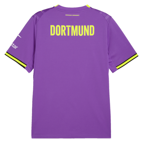 Rückansicht des lila BVB Ausweichtrikots der Saison 26-27 mit gelbem Dortmund-Schriftzug und gelben Streifen an den Ärmeln.