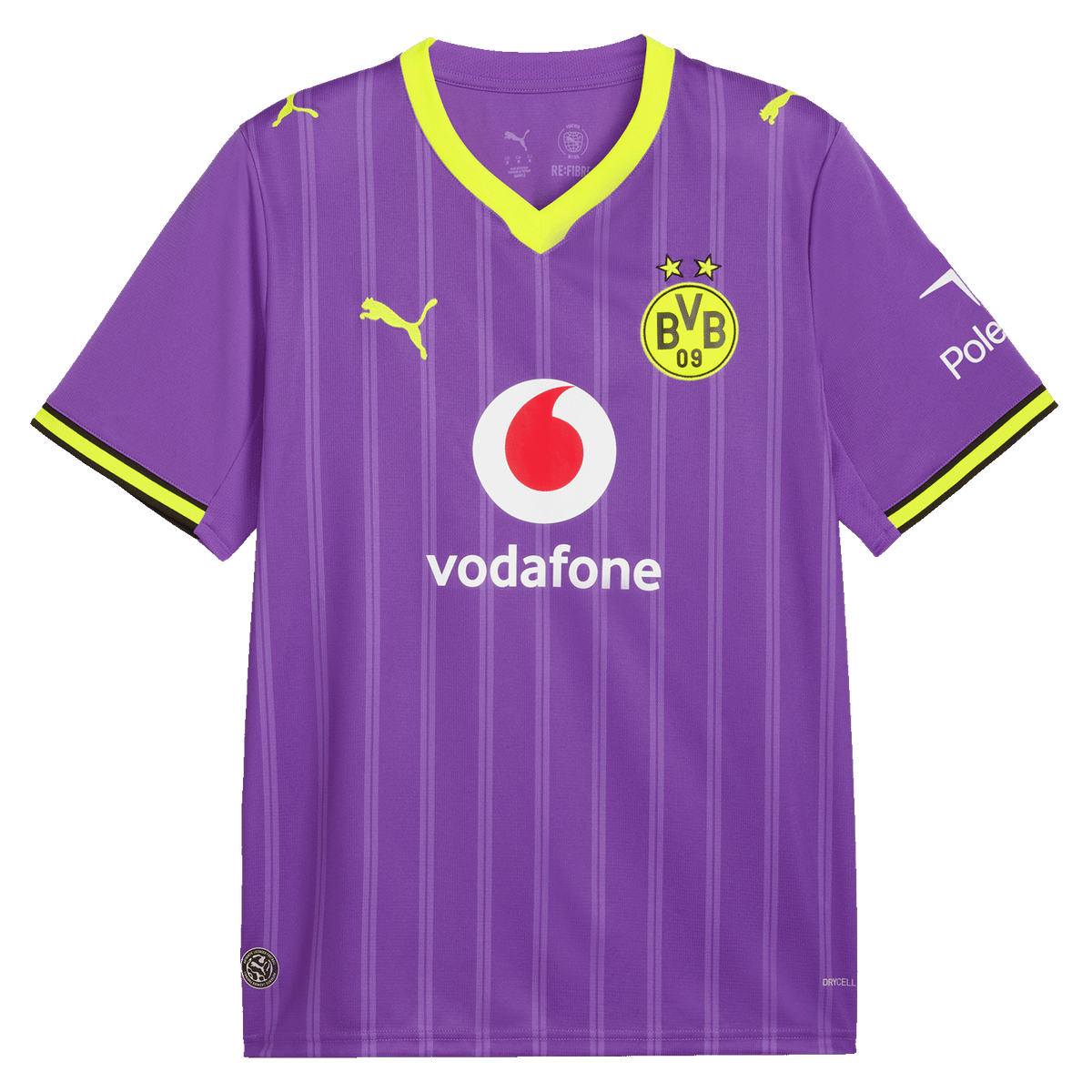 2026-2027シーズンのBVBの紫色のアウェイユニフォーム。黄色のディテール、BVBロゴ、PUMAロゴ、およびVodafoneとPolestarのスポンサーロゴが入ったもの。正面からの写真。