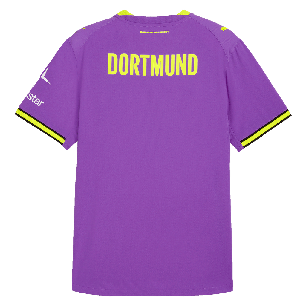 The purple BVB Authentic 26/27 away jersey, viewed from the back, featuring yellow "DORTMUND" lettering, black-and-yellow details, the PUMA logo on the shoulder, and the Polestar sponsor logo.