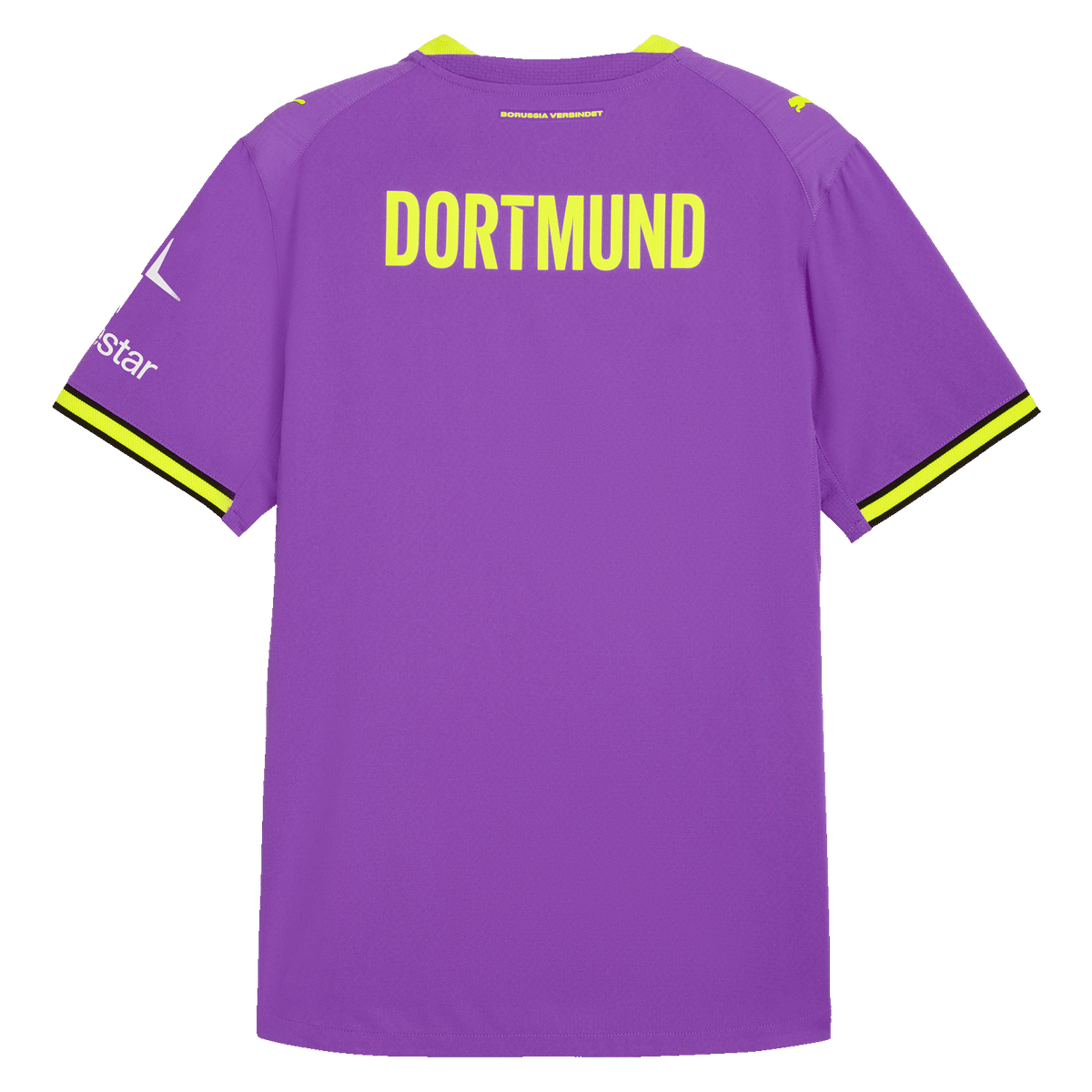 Das lila BVB-Ausweichtrikot Authentic 26/27 in Rückansicht mit gelbem DORTMUND-Schriftzug, schwarzgelben Details, PUMA-Logo auf der Schulter und Polestar-Sponsor-Logo.