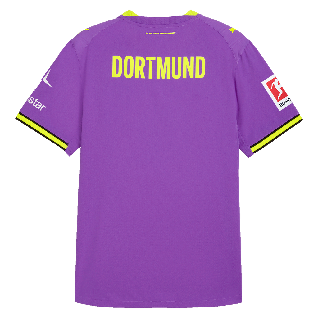 Rear view of the purple BVB Authentic 26-27 alternate jersey with yellow "Dortmund" lettering and sponsor logos on the sleeves.