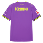 Rear view of the purple BVB Authentic 26-27 alternate jersey with yellow "Dortmund" lettering and sponsor logos on the sleeves.