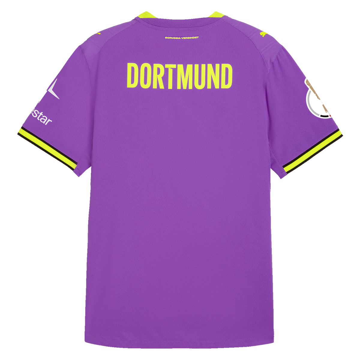 The purple BVB Authentic away jersey for the 2026/2027 season features a back view with yellow “DORTMUND” lettering and sponsor logos on the sleeves. Sporty and stylish for every BVB fan.
