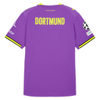 Rear view of the purple BVB Authentic 2026/27 alternate jersey with yellow "DORTMUND" lettering, yellow accents at the sleeve cuffs, the UEFA Foundation logo, and Polestar detailing on the sleeves.