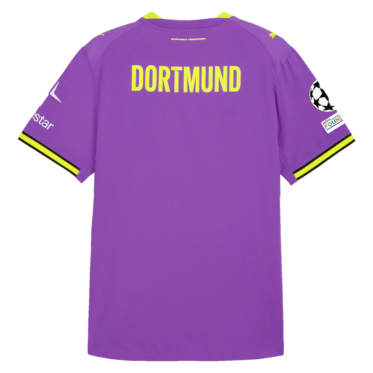 Rear view of the purple BVB Authentic 2026/27 alternate jersey with yellow "DORTMUND" lettering, yellow accents at the sleeve cuffs, the UEFA Foundation logo, and Polestar detailing on the sleeves.