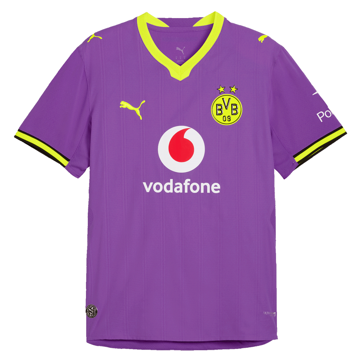 Das BVB-Ausweichtrikot Authentic 26/27 in Lila mit gelben Details, BVB-Logo, Vodafone- und Polestar-Logos sowie PUMA-Branding.