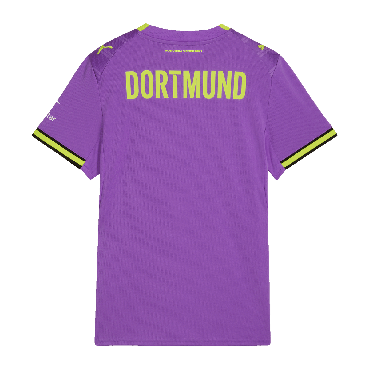 Das lila BVB-Ausweichtrikot 2026/2027 für Frauen, Rückansicht mit gelben Akzenten, DORTMUND-Schriftzug und kurzem Ärmel.