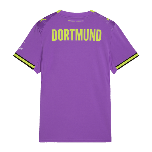 Das lila BVB-Ausweichtrikot 2026/2027 für Frauen, Rückansicht mit gelben Akzenten, DORTMUND-Schriftzug und kurzem Ärmel.