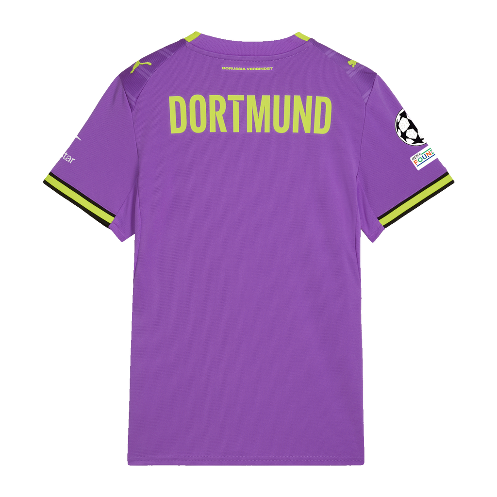 Rear view of the purple BVB alternate jersey for women for the 2026–27 season, featuring yellow accents, “DORTMUND” lettering, and a Champions League patch on the left sleeve.