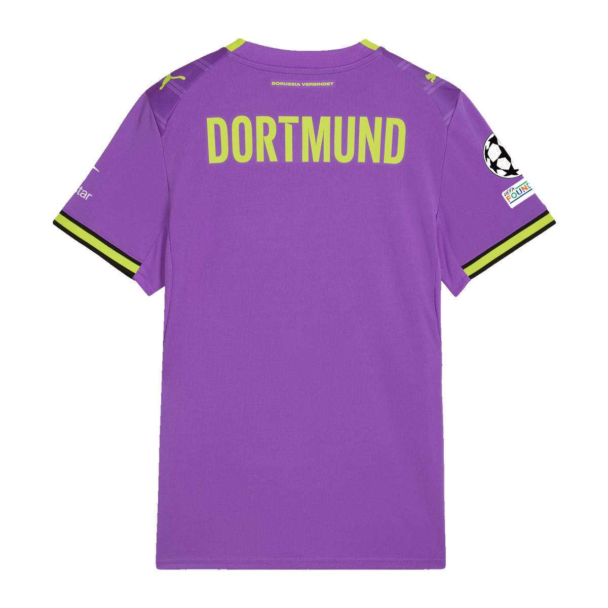 Rückansicht des lila BVB-Ausweichtrikots für Frauen der Saison 2026/27 mit gelben Akzenten, DORTMUND-Schriftzug und Champions-League-Patch auf dem linken Ärmel.