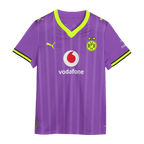 BVB-Ausweichtrikot der Saison 2026/27 für Frauen in Lila mit feinen Streifen, gelben Akzenten, Vereinslogo, PUMA-Logo und Vodafone-Logo.
