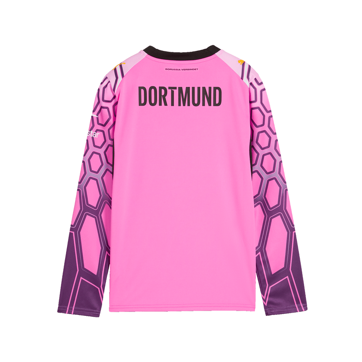 Lila BVB-Torwarttrikot für Kinder mit langen Ärmeln und DORTMUND-Schriftzug auf der Rückseite. Aus der Saison 26-27, ideal für junge Fans.