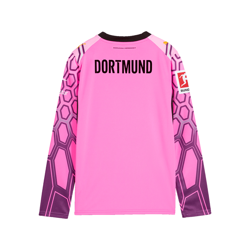 La maglia da portiere viola del BVB 26/27 per bambini, vista da dietro. I dettagli visibili sono il logo della Bundesliga sulla manica e la scritta "Dortmund".