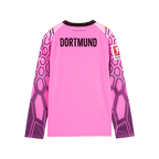 La maglia da portiere viola del BVB 26/27 per bambini, vista da dietro. I dettagli visibili sono il logo della Bundesliga sulla manica e la scritta "Dortmund".