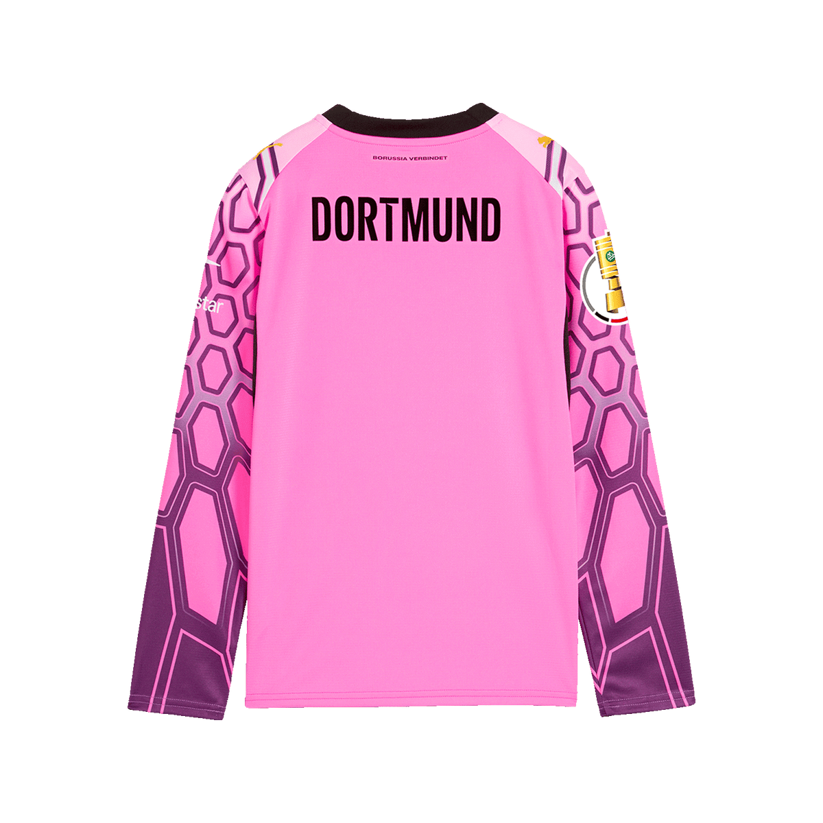 Vista posteriore della maglia da portiere del BVB 26/27, di colore viola con motivi rosa e neri, a maniche lunghe, con la scritta “Dortmund”.