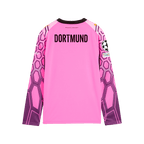 Maglia da portiere del BVB viola per bambini della stagione 26-27, con maniche lunghe, motivo geometrico e scritta “DORTMUND” sul retro.