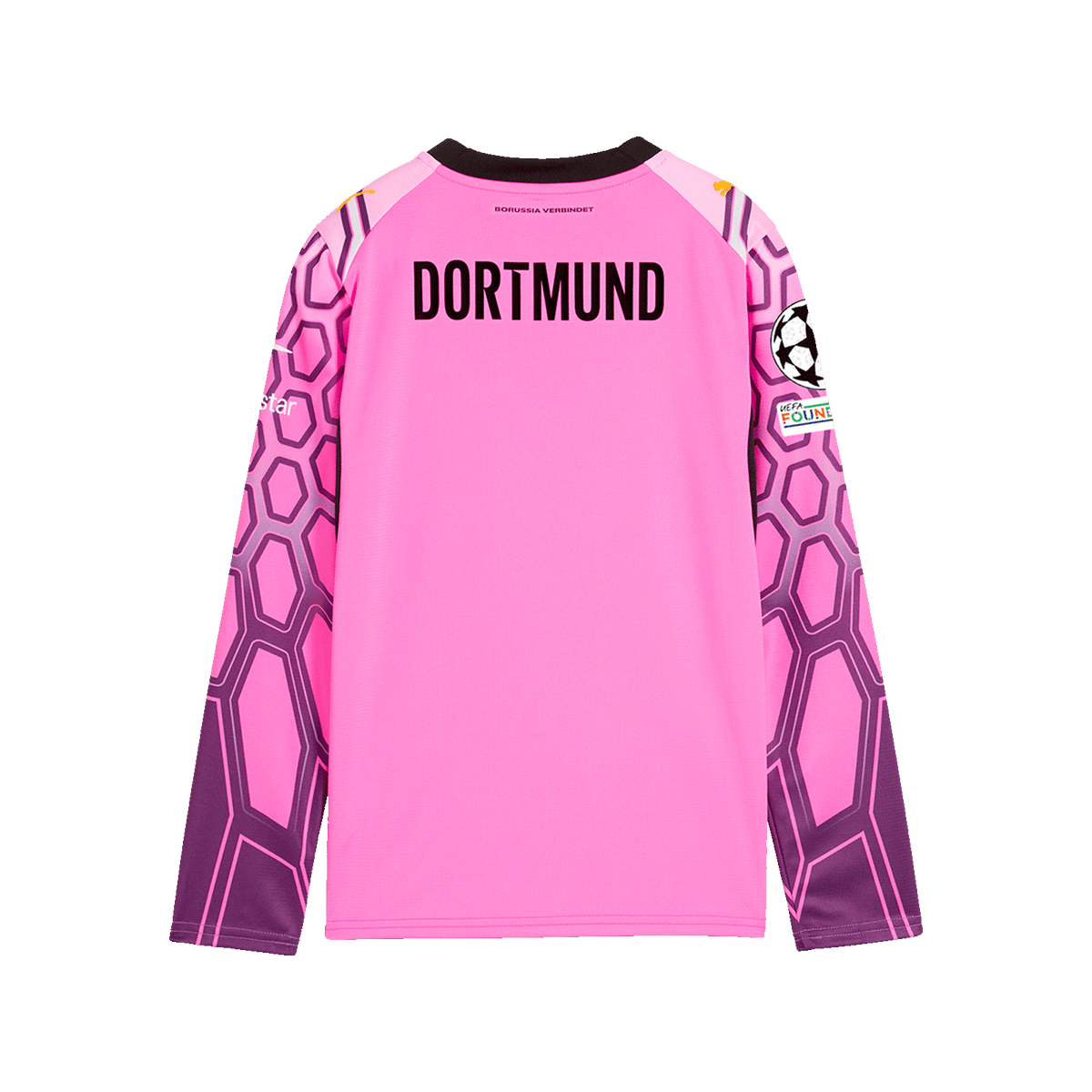 Maglia da portiere del BVB viola per bambini della stagione 26-27, con maniche lunghe, motivo geometrico e scritta “DORTMUND” sul retro.
