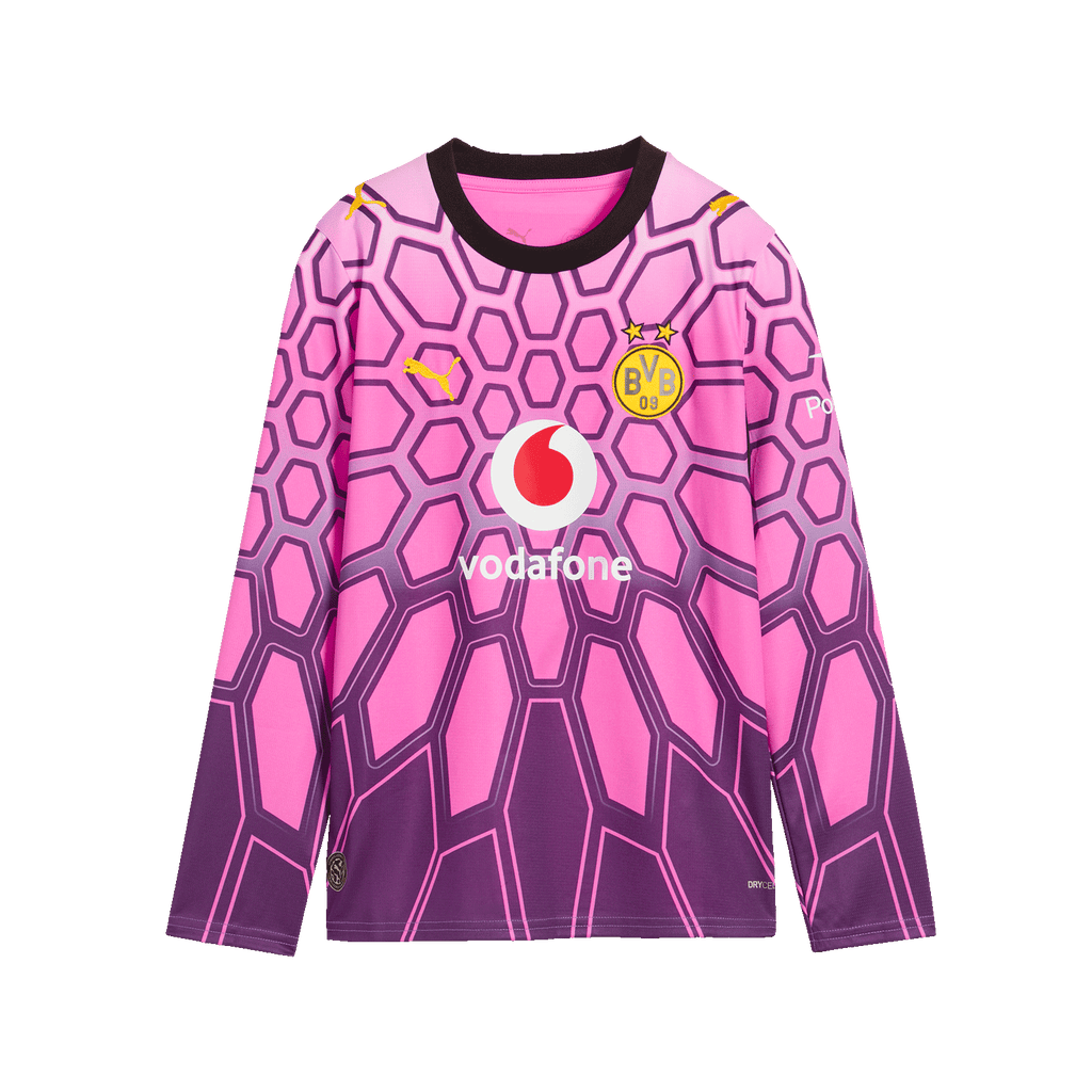 La maglia da portiere a maniche lunghe viola del BVB per bambini, con motivo esagonale, stemma del BVB, logo PUMA e pubblicità Vodafone sul davanti.