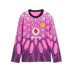 La maglia da portiere a maniche lunghe viola del BVB per bambini, con motivo esagonale, stemma del BVB, logo PUMA e pubblicità Vodafone sul davanti.