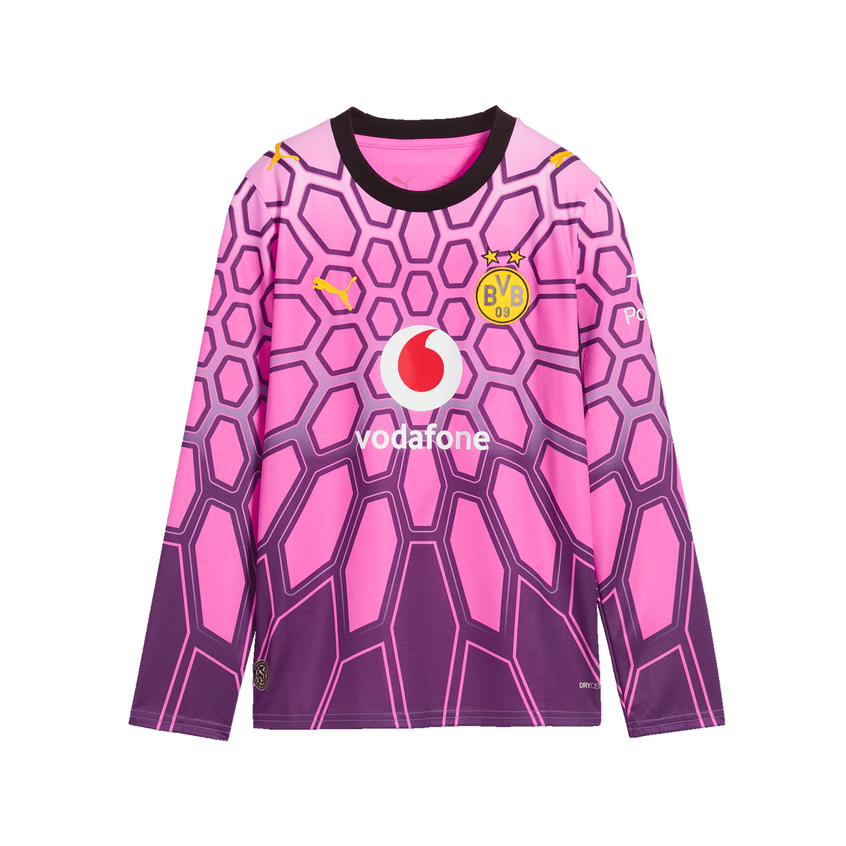 The purple BVB long-sleeve goalkeeper jersey for kids, featuring a hexagonal pattern, the BVB emblem, the PUMA logo, and Vodafone advertising on the front.