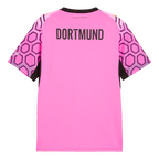 This image shows the back of the pink-and-purple BVB goalkeeper jersey from the 2026–27 season, featuring the word "Dortmund" on the back.